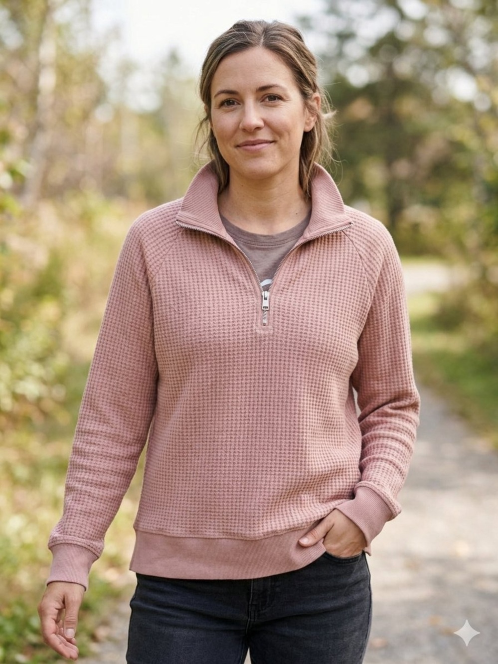Roots Blush Pink Waffle-Knit Quarter Zip Sweater